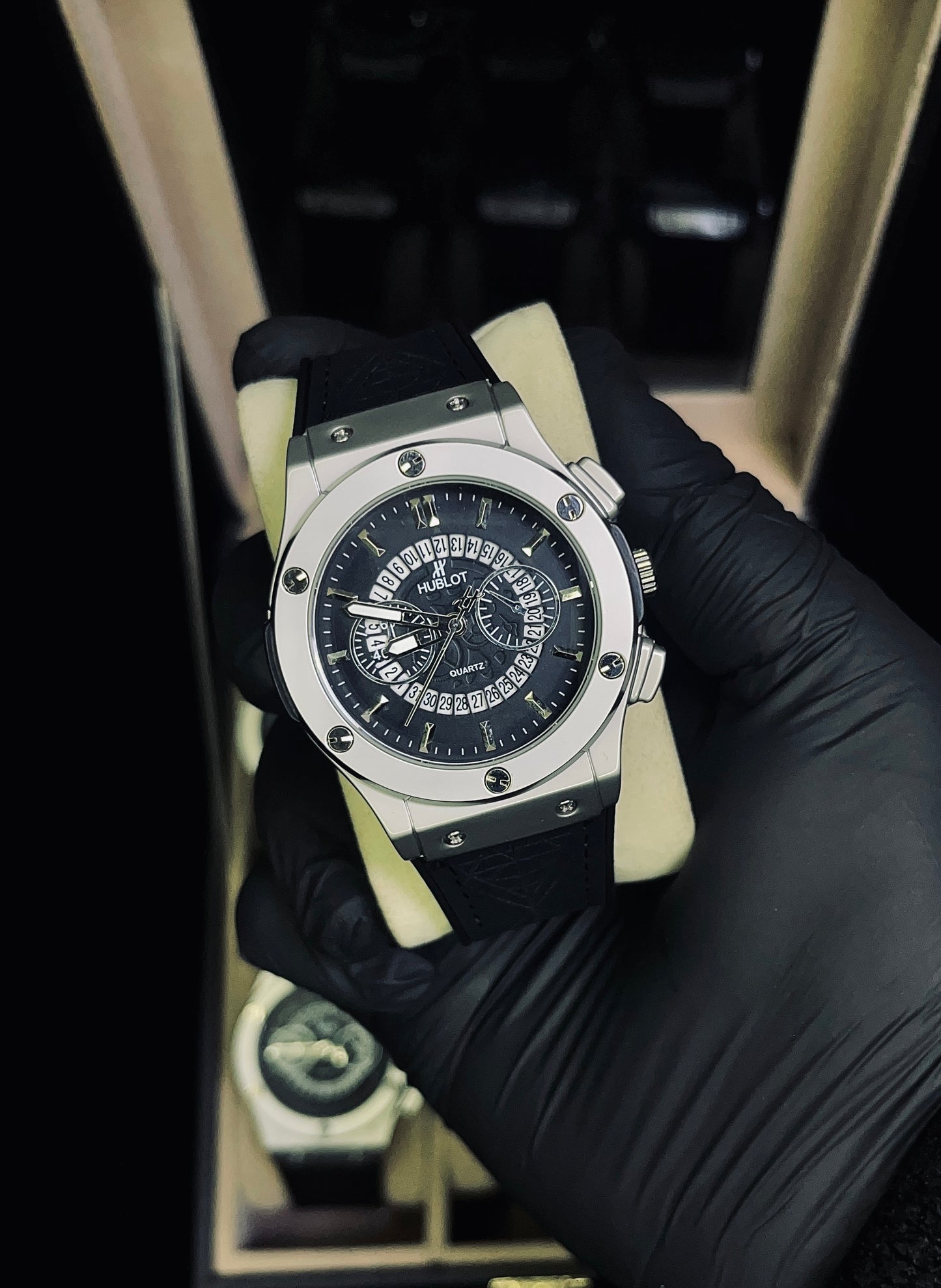 Hublot Strap Watch For Men’s in Black | Premium Quality With Silver Dail |